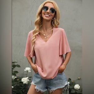 New Women’s Lightweight Pink Butterfly Sleeve Blouse Sz XL